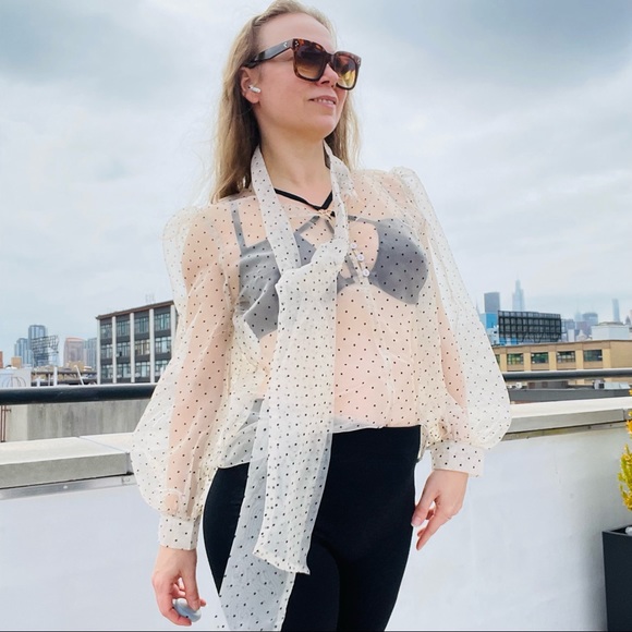 COPY - Transparent Polka Dot Puff Sleeve Shirt Bishop Statement Sleeves Neck Bow - Picture 7 of 16
